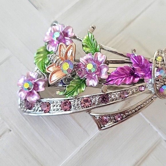 Rhinestone and Metal Floral Hair Clip Pink Green Orange 4" - For Parts Only - Picture 2 of 6